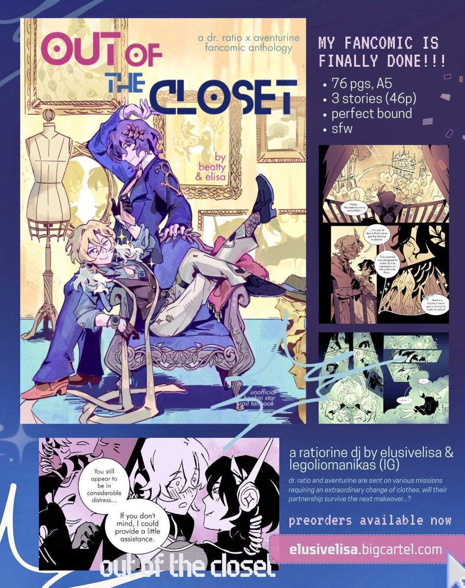 elusivelisa_'s tweet photo. out of the closet, a ratiorine dj / 76 pg
✨ at last… my fancomic is finished!! a 3-chapter zine made in collaboration with legoliomanikas (ig). 46 pages of comics, perfect bound. preorders open now 👒👗👠 https://t.co/fhoYXqcSWR