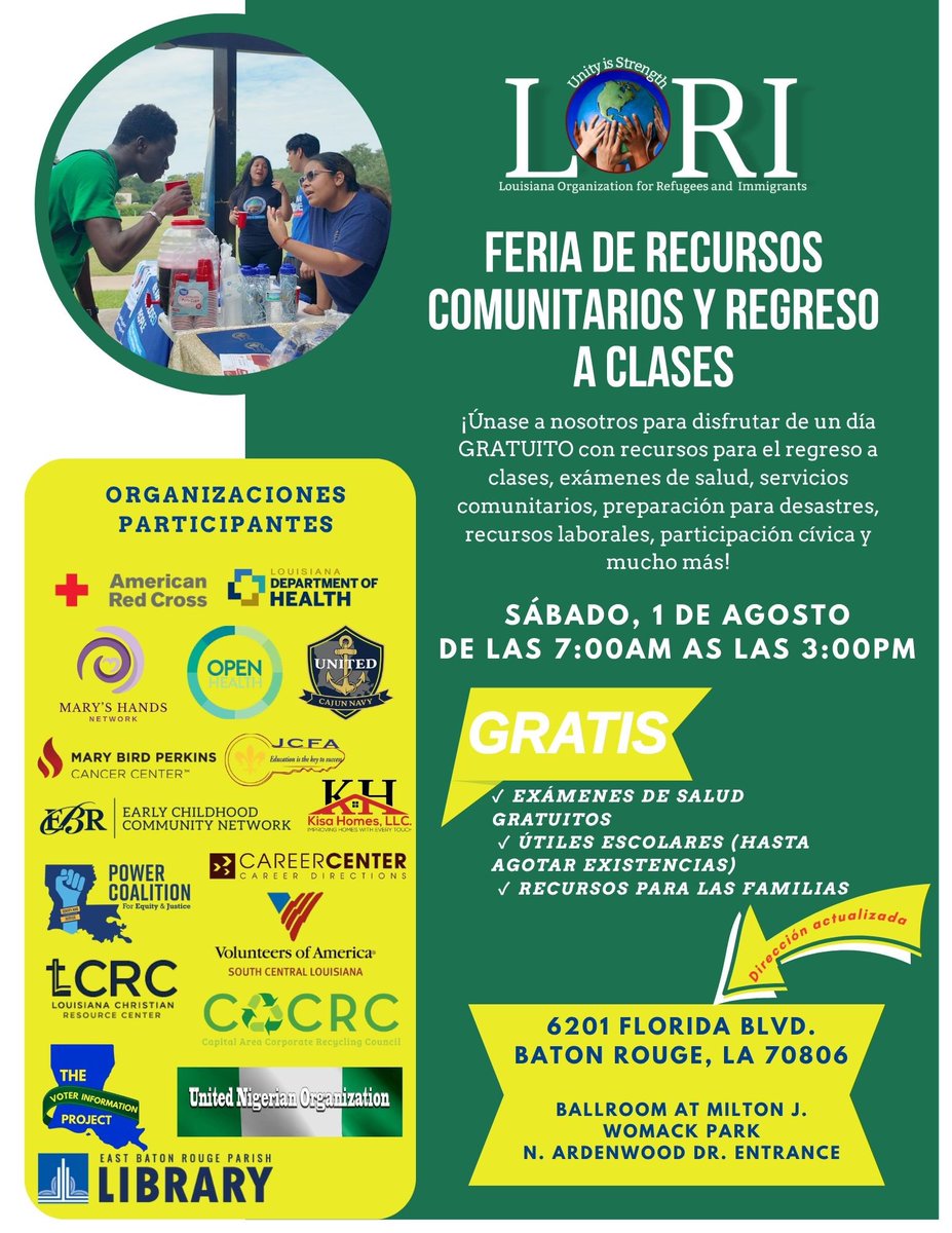LoriUSA_'s tweet photo. 🚨🚨🚨🚨🚨🚨🚨🚨🚨🚨🚨
PLEASE PAY ATTENTION TO THE UPDATED ADDRESS &amp; HELP SPREAD THE WORD 🚨🚨🚨🚨🚨🚨🚨

🎒 Join LORI for our FREE Community Resource Fair &amp; Back-to-School Bash!

🕖 7:00 AM – 3:00 PM

📍 Correct Event Location:
6201 Florida Blvd.
Baton Rouge, LA 70806

#loricare https://t.co/SzgsmlrVKn