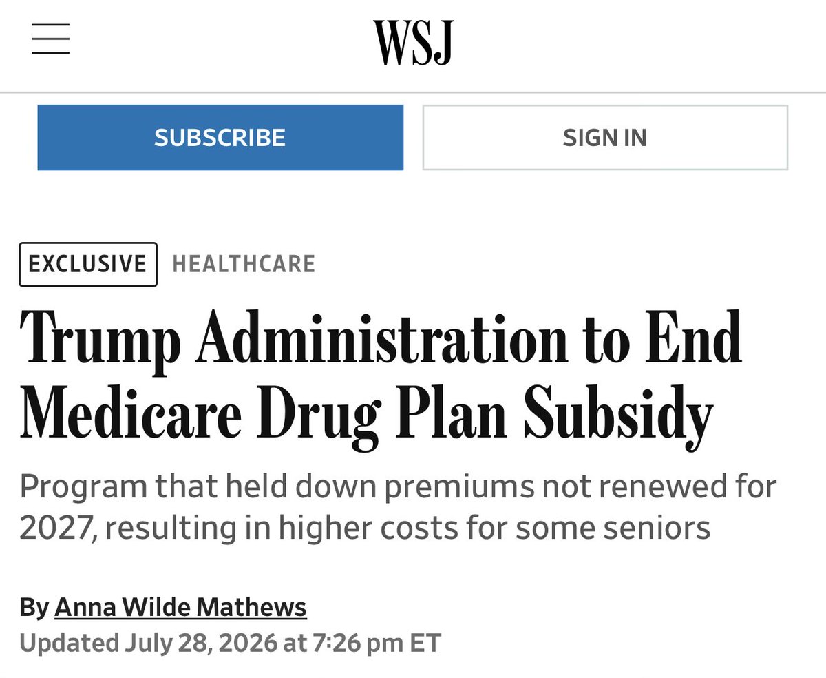 TheMaineWonk's tweet photo. ‼️ NEW: Trump ending Medicare Part D Subsidies raising Rx drug prices for 11 MILLION+ Seniors. 

- Continuing his Iran War.
- Raising tariffs and prices at home.
- Cutting Medicare.
- Ignoring affordability crisis.

Is Donald Trump SABOTAGING Midterms for the @Republicans? https://t.co/wHqtEvt7no