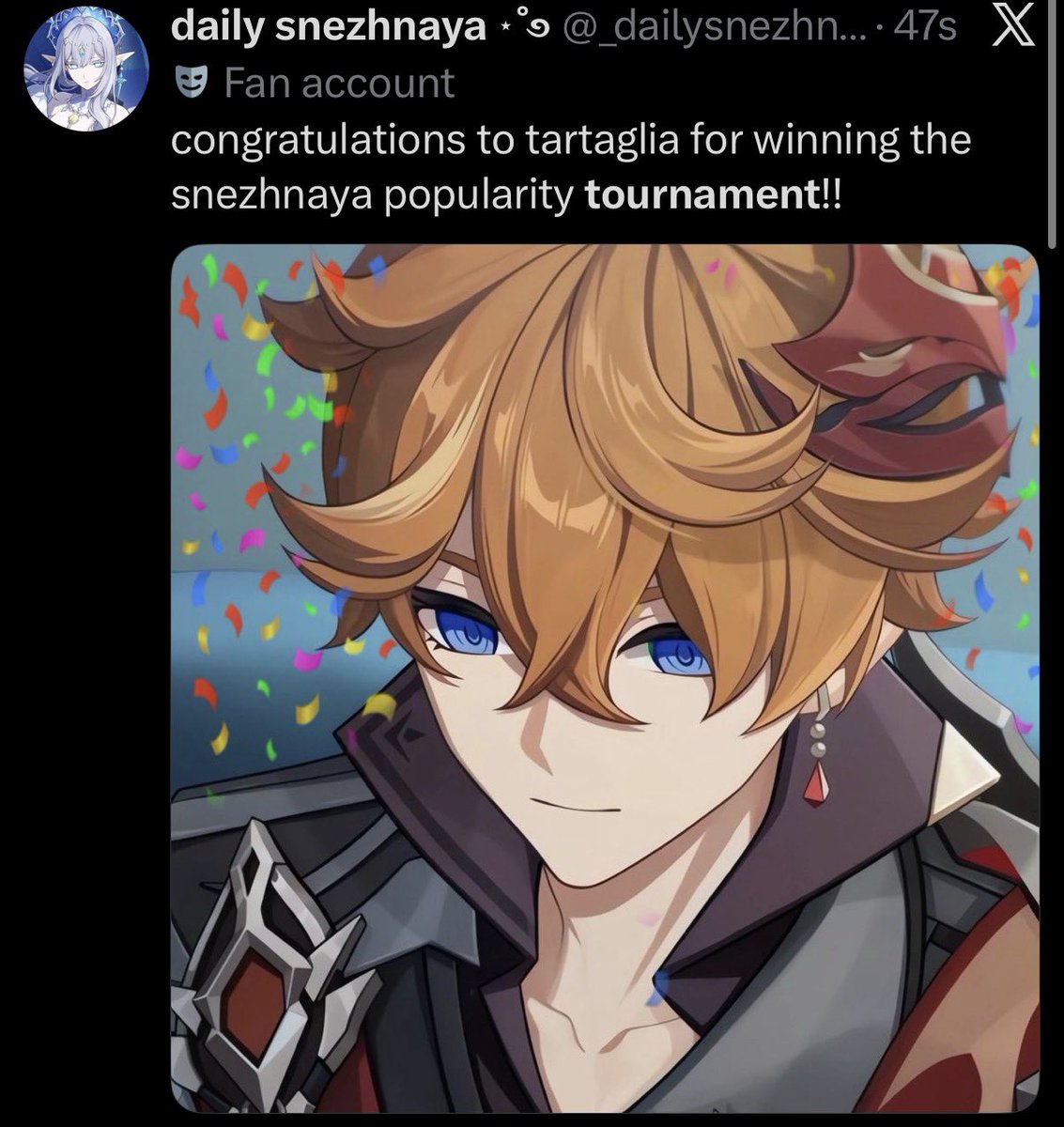 _dailysnezhnaya's tweet photo. out of the two tournaments i’ve ran, childe has won both of them 😭 

childe fans are unmatched https://t.co/YFr6AAx3nI