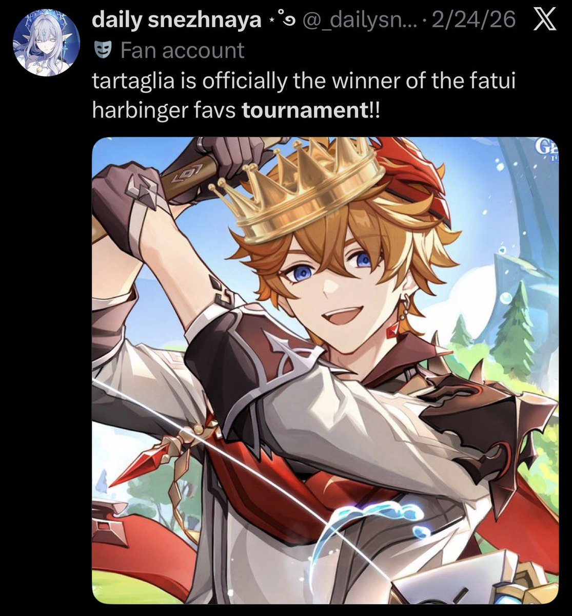 _dailysnezhnaya's tweet photo. out of the two tournaments i’ve ran, childe has won both of them 😭 

childe fans are unmatched https://t.co/YFr6AAx3nI