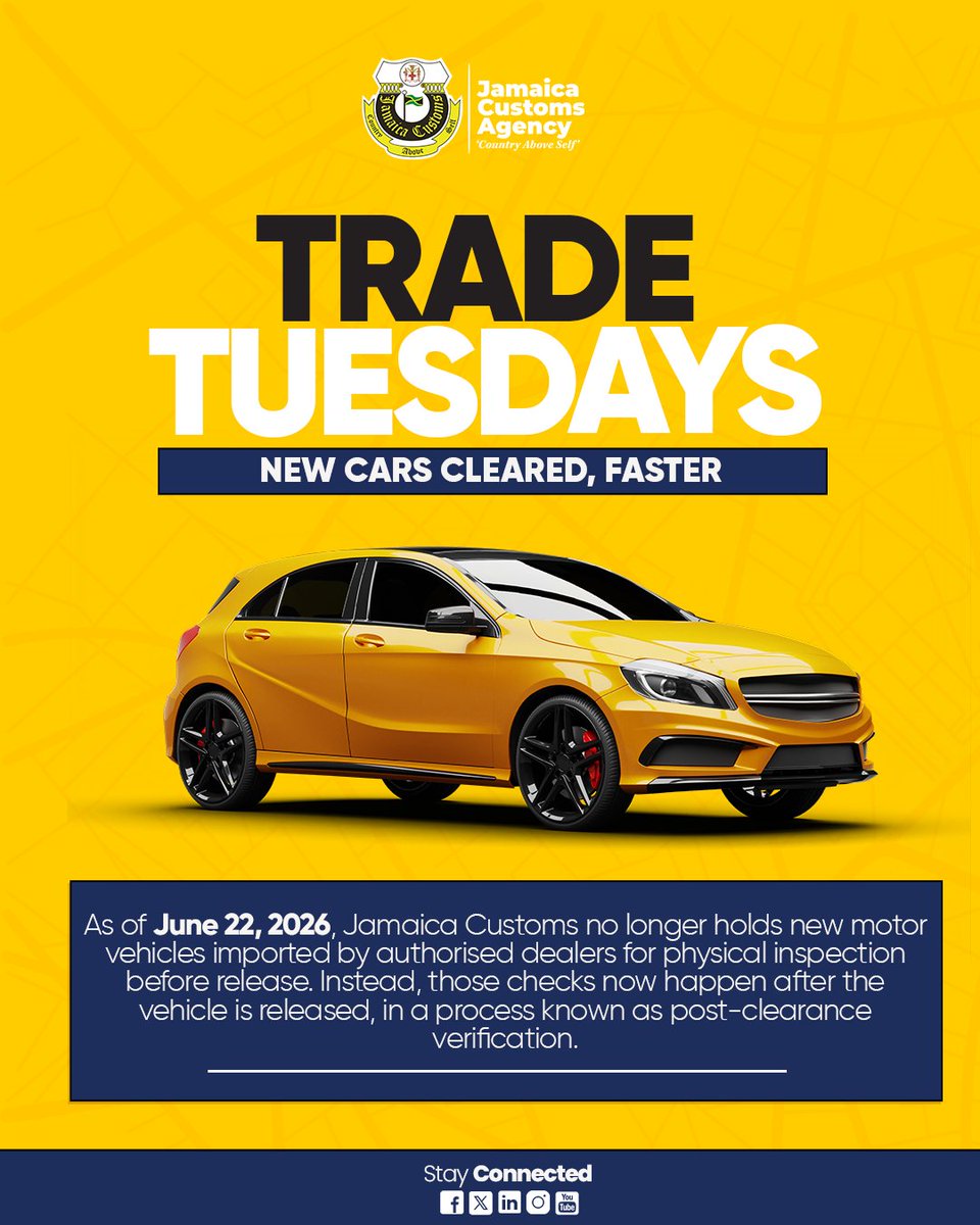 jamaicacustoms's tweet photo. New cars from authorised dealers no longer wait at the port for inspection before release, checks now happen after, via post-clearance verification. Result: less time, less cost, less congestion, and faster turnaround for dealers and buyers alike. #KnowYourCustoms https://t.co/GeH1dOrgHl
