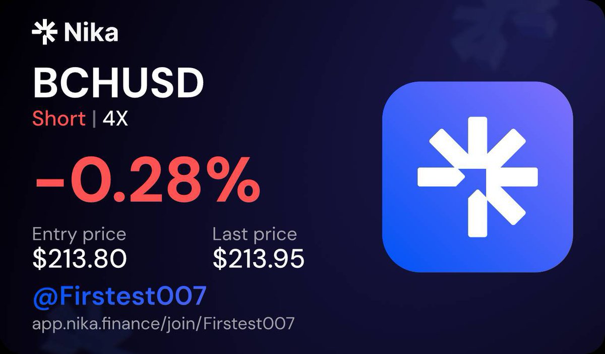 firstest007's tweet photo. Just opened a 4x Short $BCH on @Nika_Finance at $213.80.

Strong rejection from the upper resistance zone near $220, followed by a local TL breakdown on the 1H TF. Looking for continuation down toward key support levels below! 📉👇

https://t.co/NtUhNNjl0N https://t.co/cIPwtSMH6a