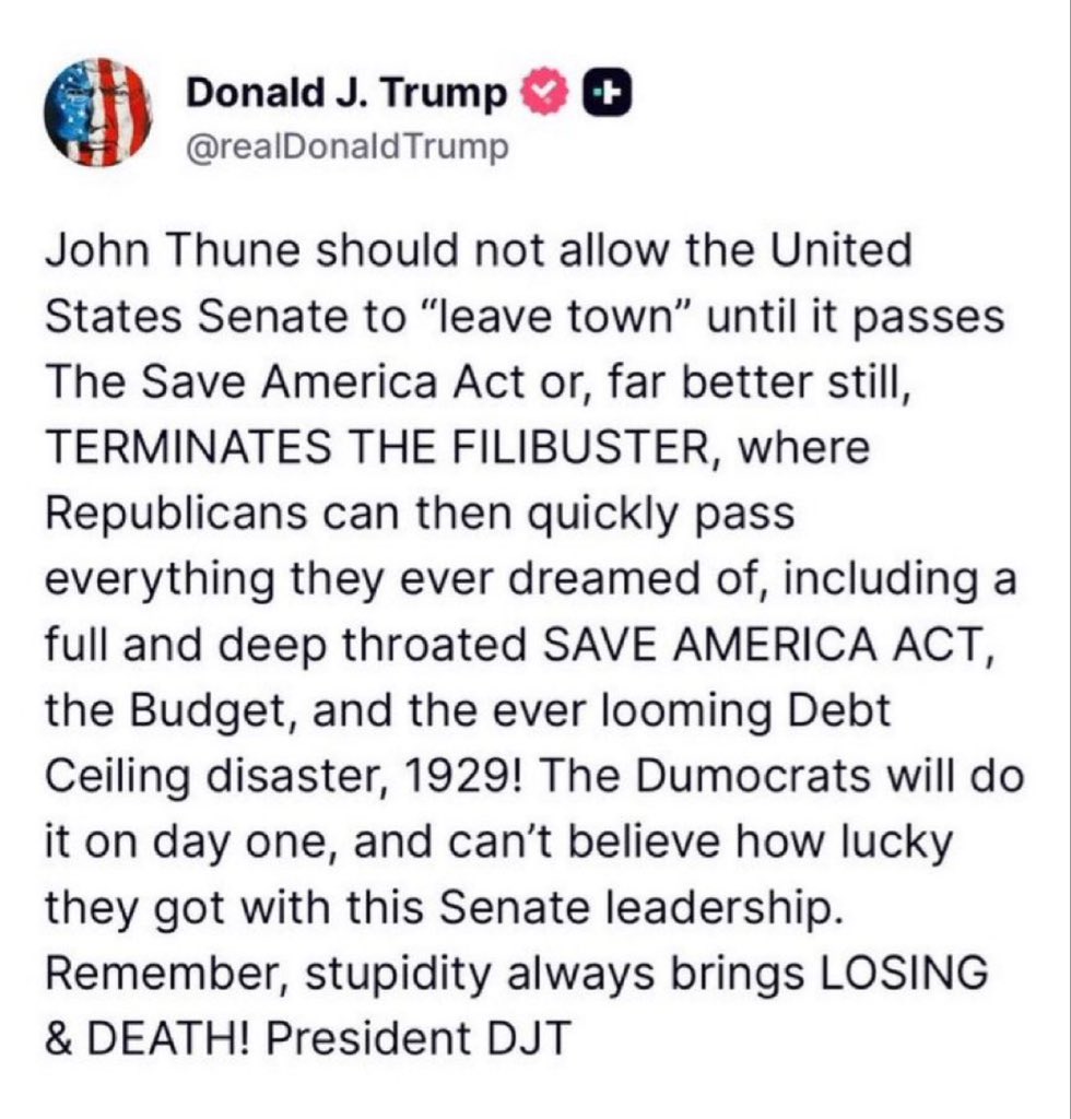 jjauthor's tweet photo. I stand with the President: 
NO RECESS. 

Abolish the FILIBUSTER 

Pass the SAVE America Act

Secure our Elections. https://t.co/vbkPBC9VIz