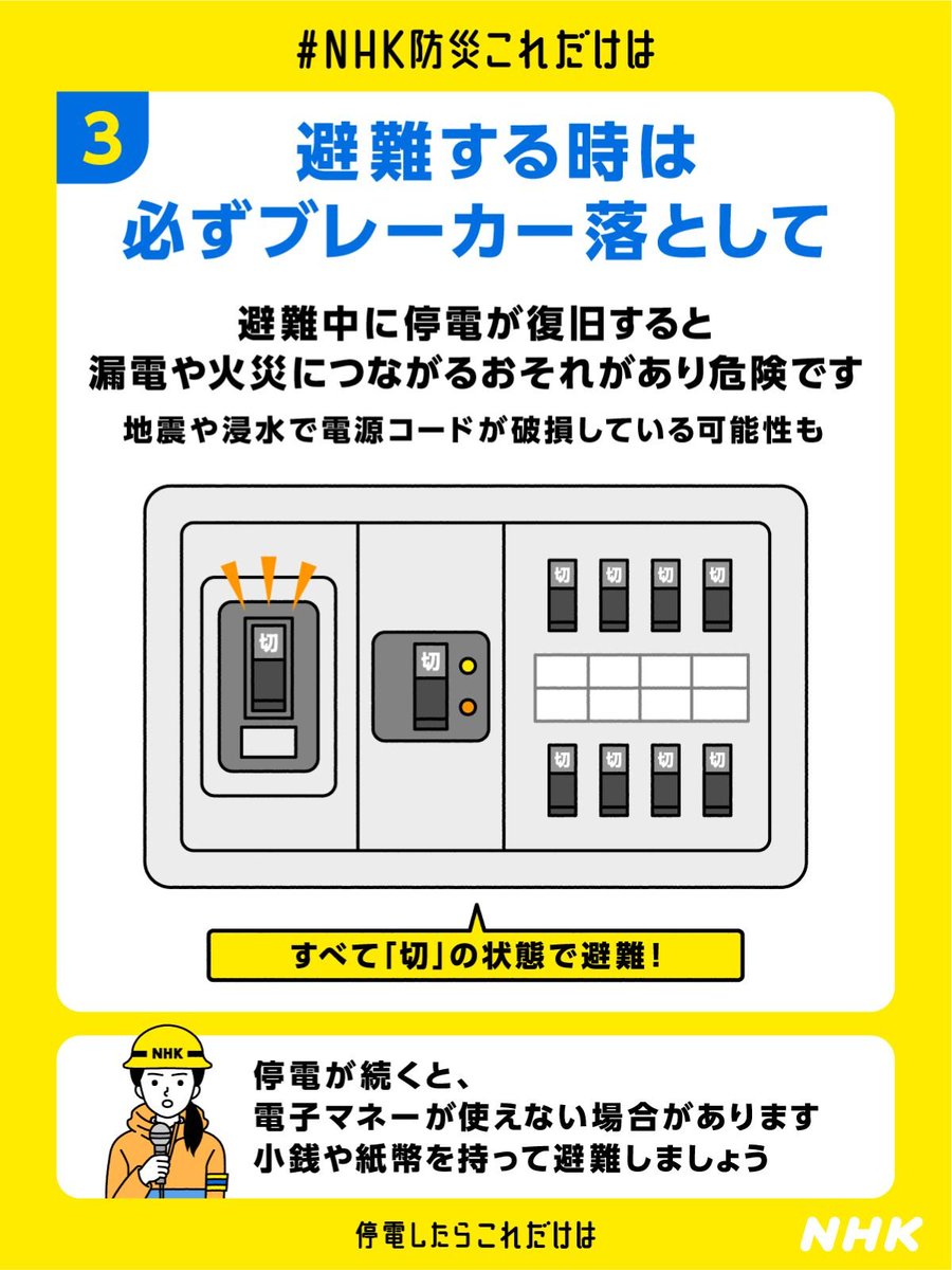 nhk_ikiruskill's tweet photo. 避難所から自宅に戻られる方、安全に注意して以下のことにも気をつけてくださいね

✅道路に亀裂や段差 足元に注意
✅家が倒壊しそうな場合は無理して中に入らない
✅再び避難所に行くときはブレーカー落とす(通電火災防止)
✅戸締りを確認する(空き巣防止)

https://t.co/iqw1avcRJe https://t.co/A5vU9GhNsM
