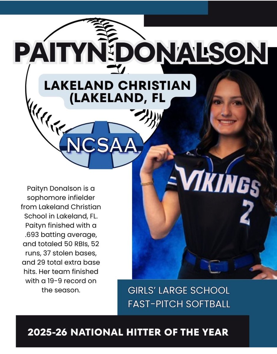 PaitynDonalson's tweet photo. Honored to be named the
25-2026 NCSAA
National Hitter of the Year! @LCSVikings #GoVikings
#sophomoreseasonover #GoInferno #co2028 #sept1 #Outworkeveryone #GOALS #lovethework #grinding #workforyourdreams @Coach_Alameda @FSU_CoachWilson @TCam_FSUSB @_TimWalton @CoachBallMalone @noahbsanders @SPestrak @Coach_AT @FranEnea10 @asapbrooks22 @rittmanjohn @GassoPatty @coachjro @fale_steele @jtgasso @LindsayFico @DevynFlaherty @CoachElCooper @KaleighRafter @Coach_Wigs @ClemsonCoachKJ @KatieRepole @CoachNealPT @ExtraInningSB @LineDsoftball @THEWOWSB @CoachJordanFAU @nxt1sports @e_newellcoach @SBCoachNavi @DiamondAddicts @SoutheasternSB @TheKingSource @CamWoodBats @fastpitchwatch @KylerHolton08 @sfinferno_FP @UncommittedUTR @SBRRetweets @SoftbalAmerica @leobsbl @TopPreps @JAXCoachE @kellyhorne31 @NateTompkins @USFSoftball @FeNowling