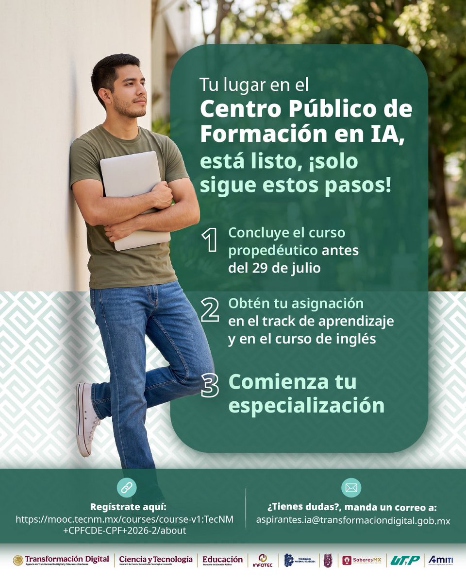 utvco's tweet photo. 🚨Quedan DOS días para concluir tu propedéutico ✍🏼

Es un paso OBLIGATORIO para ingresar al curso que seleccionaste en el Centro Público de Formación en IA 🤖 

Tienes hasta el 29 de julio: https://t.co/KY8r8FUgKk https://t.co/cwoklNwzeN