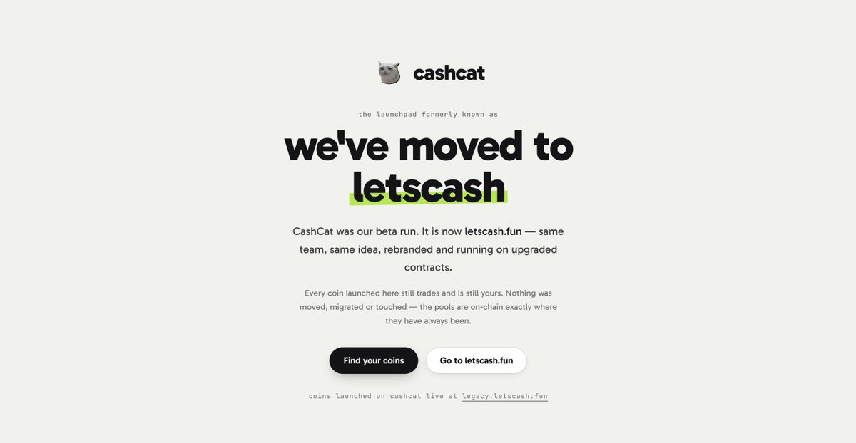 StandartXBT's tweet photo. letscash[.]fun by @cashcat_token was previously cashcat[.]fun which operated from 10 july

and i have an og token ca which sitting at 80k

so they finally launched a launchpad and now we have a flywheel. the real story is way better than the announcement, but it is not the clean “fresh community launch” they sold you

it launched as a relaunch

the same factory ran an 18-day https://t.co/ChEMRW11Rm preseason before the reveal:

> factory deployed july 10
> 138 legacy tokens launched
> old tax configs ranged from 1% to 15%
> factory upgraded july 28 at 22:21 utc
> first new token launched at 22:26
> official reveal landed at 22:55

the fee loop is simple:

> every trade pays 1%
> standard mode sends 0.7% to the creator
> the remaining 0.3% goes to the protocol

that protocol share is then split again:

> 0.075% of volume buys and burns cash-cat:native 
> 0.075% buys cash-cat:native for treasury
> 0.15% funds platform operations

the three CAs that matter:

1. $FUNCAT

the first token ever launched through the factory, july 10 at 14:43 utc.

> ca: 0x6e17153e7B0AE7387d9B44F56291A4EF02CB14cc
> description: “funcat first token on https://t.co/ChEMRW11Rm”
> 42.46 ETH market cap, around $81.4k

2. $CRYINGCAT

the first token after the july 28 relaunch, live 29 minutes before the public reveal

> ca: 0x4F0d7ea112547Af5dAD59959d98B6A8ee3355Bcc
> description: “the cat behind cashcat”
> 508.56 ETH market cap, around $975k

3. cash-cat:native

the native flywheel asset bought by the protocol

> ca: 0x020bfC650A365f8BB26819deAAbF3E21291018b4
> price: $0.051905
> market cap: around $51.4m

every degen launch now routes a slice of its trading into cash-cat:native market buys

that is the actual edge