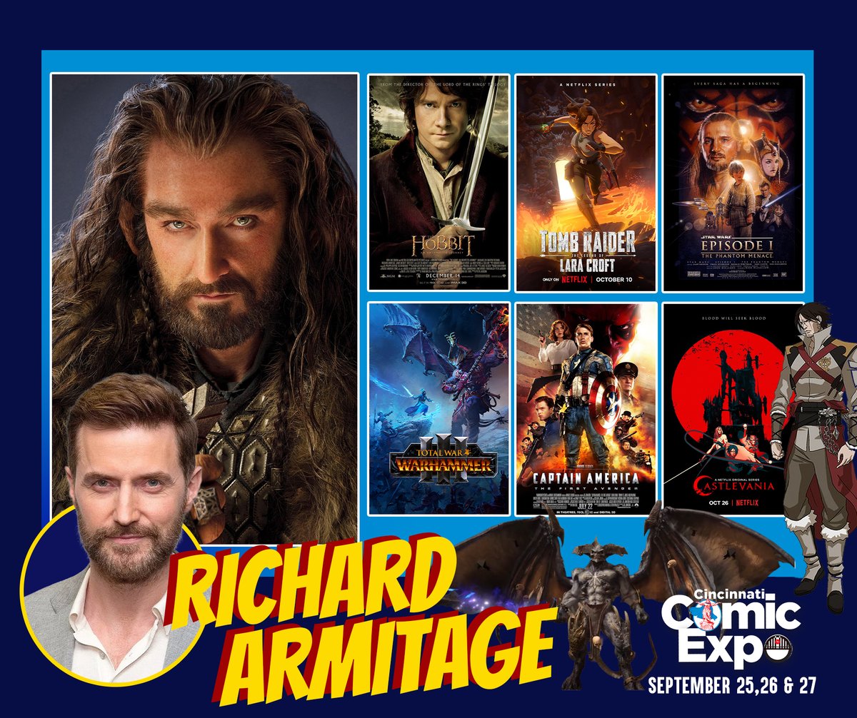 CinciComicExpo's tweet photo. Richard Armitage @rcarmitage will be meet fans at the Expo! Known for Capt America, The Hobbit trilogy, Into the Storm, Ocean's Eight, The Boy in the Woods, The Crucible, Hannibal, Berlin Station, Castlevania, Warhammer III and more! 
Admission: https://t.co/tNOFM9ddfr https://t.co/3Z2q6Ujidb
