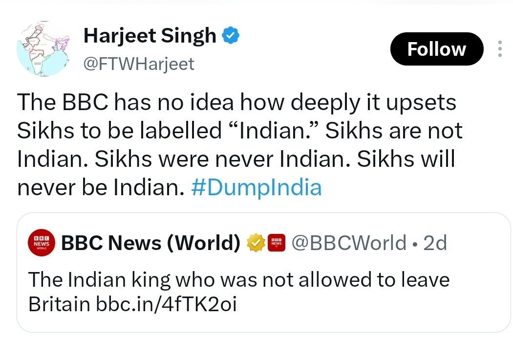 kkmkb212's tweet photo. He is right on this point. Sikhism was born in Pakistan, not India. They have nothing to do with India. They were forced out of Pakistan, and India gave them shelter. Most of them are now Canadian, American, British, etc. They have nothing to do with India. I suggest that @BBCWorld refrain from such statements.