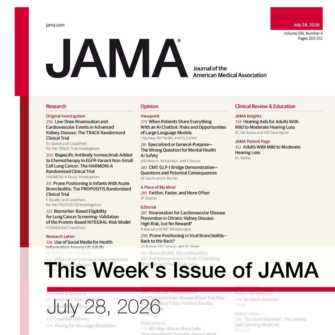 JAMA_current's tweet photo. 📌 Editor’s Choice from this week's issue of JAMA:

➡️ Low-Dose #Rivaroxaban and CV Events in Advanced #CKD,
➡️ #HearingAids for Adults With Mild to Moderate #HearingLoss,
➡️#Biomarker-Based Eligibility for #LungCancer Screening, and more.

https://t.co/ZcbSdwHmoS https://t.co/w5XynieyIe