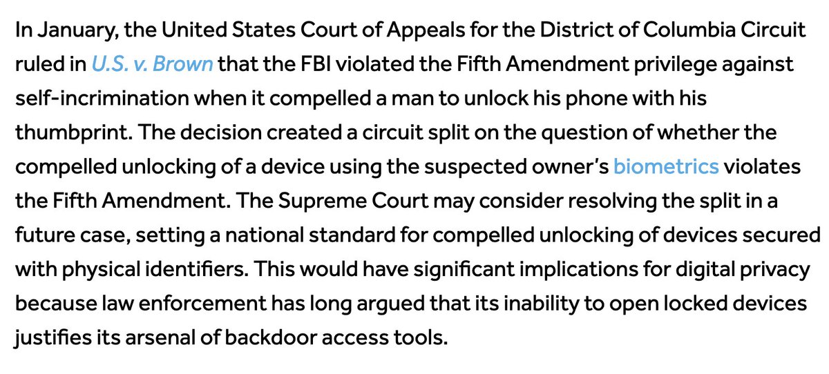OGmusical's tweet photo. @rudy_betrayed There's split circuit decisions about whether or not compelling people to use biometrics to unlock devices violates the 5th amendment. https://t.co/5QycxU5dC1