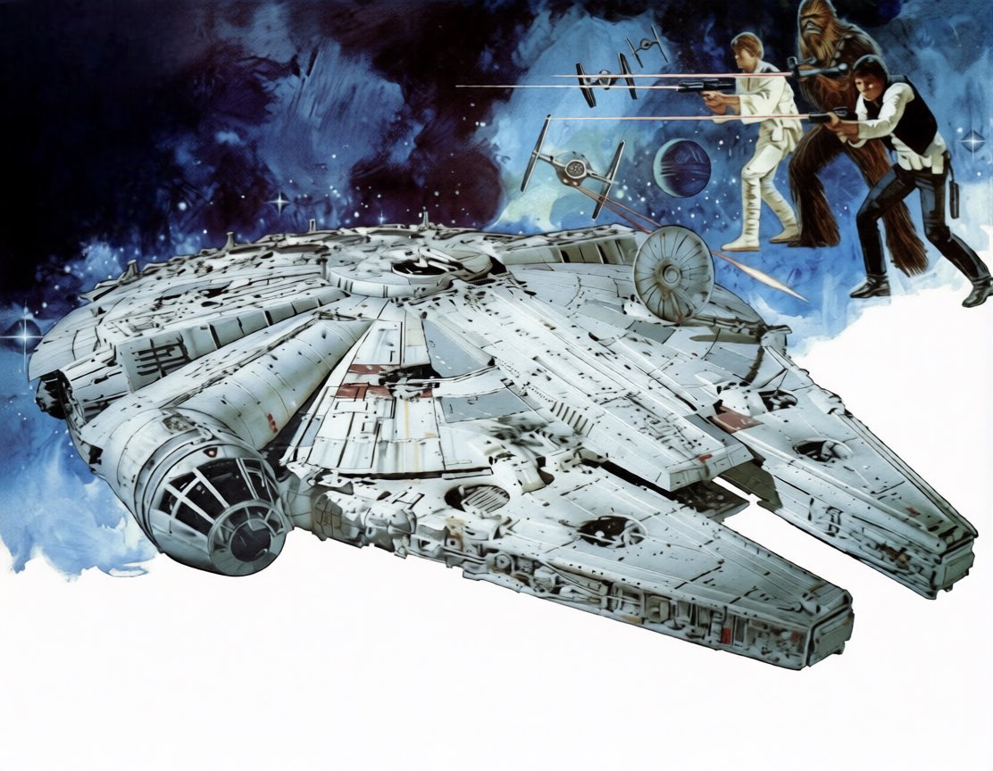 NoTextSWPics's tweet photo. MPC Millennium Falcon model kit box art (released Fall of 1979)
#NoTextStarWars #MPCmodelkits #starwarsmodels #classicstarwars #starwars https://t.co/mqSuz0MbKT