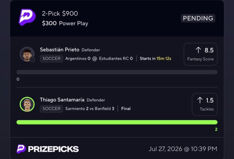 legacywin_'s tweet photo. ⚽ PRIZEPICKS 2-PICK POWER PLAY ⚽

💵 Stake: $300
🎯 Potential Payout: $900 (3X)

📌 Picks:

🔥 Sebastián Prieto — Over 8.5 Fantasy Score
✅ Thiago Santamaría — Over 1.5 Tackles (Already Cashed – 2 Tackles) ✔️

🚨 One leg is already locked in! Now it’s all on Sebastián Prieto to clear 8.5 Fantasy Score and complete the Power Play.

🍀 One more leg. One more cash. Let’s bring it home! ⚽💰

#PrizePicks #Soccer #Football #FantasyScore #PlayerProps #PowerPlay #SebastianPrieto #ThiagoSantamaria #SportsBetting #BettingCommunity #SoccerPicks #WinningPicks #CashIt #LetsCash #PrizePicksPicks #SportsPicks #FootballProps #ParlayLife #GameDay #LockItIn