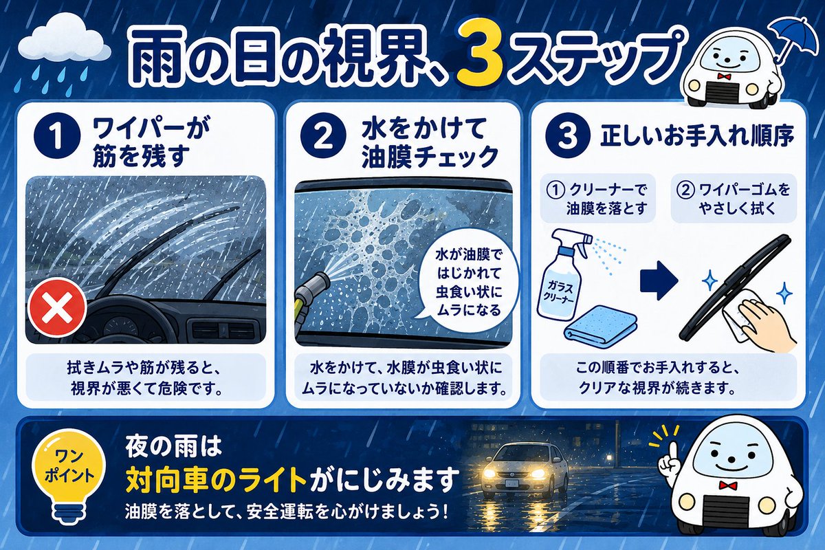 cs_omusubi's tweet photo. 「ワイパーの拭き残し」の正体は？🤔

今日の道内は降ったり止んだりの空☔
弱い雨ほど油膜が目立つ傾向です。

①ビビリ音は油膜と劣化のサイン
②水はけが悪いと夜はにじむ
③まず油膜取り、次にゴム交換

ご相談はプロフのリンクから💬

#札幌 #北海道ドライブ #カーケア #雨の日 https://t.co/dE9sc2plXV