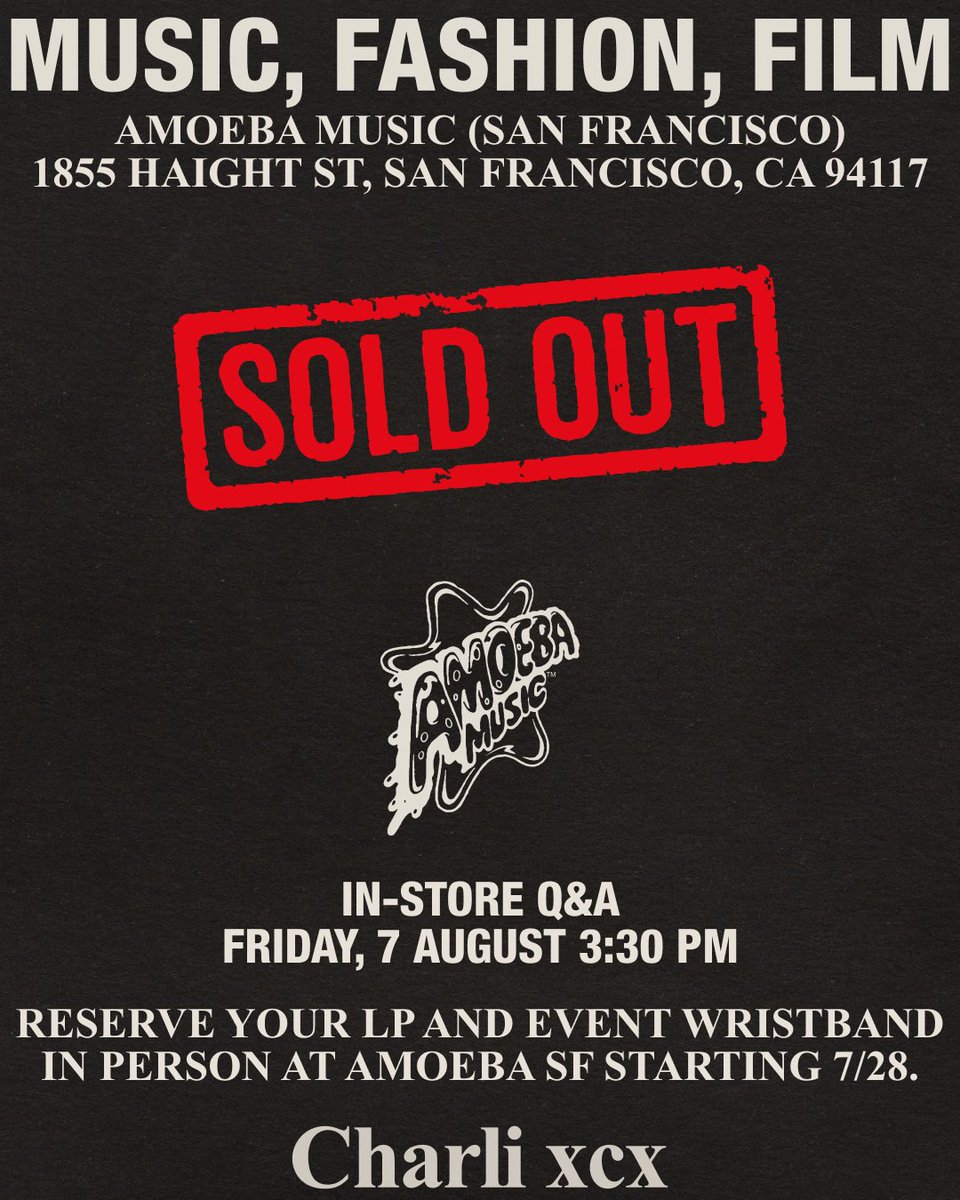 AmoebaSF's tweet photo. The Charli xcx Q&amp;A is officially sold-out! We have no more wristbands for entry to the Q&amp;A.
If you already bought "Music, Fashion, Film" on vinyl at Amoeba SF, we set aside a ltd number of wristbands for you! Bring in your receipt to get one. No https://t.co/tDCAmUyhzV purchases. https://t.co/s7SEMASsfy