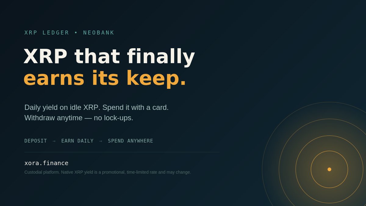 ImranMujah85258's tweet photo. Idle balances start earning automatically in @xora_finance currently 15% paid in XRP plus an estimated 7% in native XORA tokens for tier-one balances.  (Benzinga) Yield shows up daily, not locked away. https://t.co/b1WnZh6Bf0