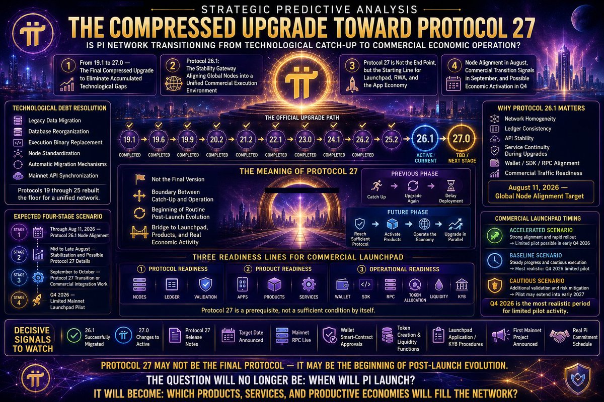 applekhankorea's tweet photo. Strategic Predictive Analysis :::
The Compressed Upgrade Toward Protocol 27: Is Pi Network Transitioning from Technological Catch-Up to Commercial Economic Operation?
( https://t.co/ZlWQ8PwRFL )

[[[ This article includes Predictive & Technical Analysis  and may differ from actual outcomes ]]]
[[[ At the time of writing this analysis, my node’s protocol version has already reached V26.1 ]]]
[[[ Protocol V27: Large-Scale B2B Payment Clearing Bandwidth, Cross-Chain Bridges, and Persistent Storage Support for Commercial Utility Apps (App Studio Backend) ]]]
[[[ From 19.1 to 27.0—The Final Compressed Upgrade to Eliminate Accumulated Technological Gaps ]]]
[[[ Protocol 26.1: The Stability Gateway Aligning Global Nodes into a Unified Commercial Execution Environment ]]]
[[[ Protocol 27 Is Not the End Point, but the Starting Line for Launchpad, RWA, and the App Economy ]]]
[[[ Node Alignment in August, Commercial Transition Signals in September, and Possible Economic Activation in Q4 ]]]

Introduction: What Matters Is Not the Number 27, but the Changing Nature of the Upgrade

The attached Pi Node Protocol Upgrade Guide shows that Pi Network is not merely conducting routine maintenance. It is rapidly migrating through several accumulated protocol generations in a mandatory and sequential process.

The official upgrade path is:

19.1 → 19.6 → 19.9 → 20.2 → 21.2 → 22.1 → 23.0 → 24.1 → 25.2 → 26.1 → 27.0

According to the document, all transitions from Protocol 19.6 through Protocol 25.2 have been completed successfully. The upgrade from 25.2 to 26.1 is now active, and all nodes are required to reach version 26.1 by August 11, 2026. Protocol 27.0 has already been included in the official upgrade path, although its current status is “DO NOT start” and its completion date remains TBD.

The central significance of this process is not simply that the protocol number keeps increasing.

Pi Network appears to be approaching the end of its long technological catch-up phase. The next challenge will be to connect the latest protocol capabilities to real products, wallets, payments, Launchpad infrastructure, and commercial economic activity.

Protocol 27 therefore should not be interpreted as a “final version.” Its deeper strategic significance may lie in becoming the boundary at which upgrades stop being pre-launch requirements and become routine post-launch infrastructure maintenance.

-----
1. Protocols 19.1 Through 25.2 Represented a Process of Technological Debt Resolution

The attached guide shows that not every upgrade carried the same level of operational complexity.

The transitions from 19.1 to 19.6 and from 19.6 to 19.9 required database migrations that could take several hours. The Protocol 23.0 transition included an internal database upgrade and data migrations that rewrote existing database files during the first startup. The guide warned that interruption or unexpected failure could cause data corruption and potentially require a complete resynchronization of the node.

By contrast, upgrades such as 20.2, 21.2, 22.1, 24.1, and 25.2 were relatively lightweight and generally expected to finish within a few minutes. The current transition to 26.1 is also classified as a rapid upgrade, with expected downtime of less than five minutes.

This difference is strategically important.

The earlier sections of the upgrade sequence appear to have been concerned not merely with adding new features, but with rebuilding and standardizing the underlying operating foundation:

Migrating legacy data structures
Reorganizing node databases
Replacing older generations of execution binaries
Standardizing node-management procedures
Establishing automatic migration mechanisms
Introducing Linux CLI-based node administration
Verifying synchronization between individual nodes and the official Mainnet API
Protocols 19 through 25 can therefore be interpreted as a systematic effort to eliminate accumulated infrastructural and technological debt before broader commercial deployment.
Pi Network was not simply adding another feature. It was rebuilding the floor on which hundreds of thousands of nodes would eventually execute the same economic rules.

-----
2. The Strategic Importance of Protocol 26.1 Is Network Homogeneity, Not One Isolated Feature

The most important meaning of Protocol 26.1 may not be any single technical capability. Its greater purpose is to bring the global Pi node network to a common and synchronized operating baseline.

Before a distributed network can activate new commercial functions, several conditions must be satisfied:

Nodes must understand the same protocol,
execute the same transaction rules,
validate the same ledger state,
and redirect traffic safely when individual nodes are being upgraded.

The attached guide repeatedly instructs operators not to upgrade all nodes simultaneously. Instead, traffic should be redirected to other available nodes or to the official Mainnet API during the transition. It also explains that migration should be regarded as complete when the local node’s ingest_latest_ledger value becomes approximately equal to that of the official Mainnet API.

This indicates that Pi Network is evolving beyond a personal node experiment and toward an operational blockchain infrastructure capable of maintaining service continuity during upgrades.

The first changes following Protocol 26.1 may therefore be largely invisible to ordinary users. They may include:
Greater consistency among node ledger states
Improved API-response and synchronization stability
Fewer protocol-specific execution exceptions

Alignment of Wallet, SDK, and RPC testing environments

More reliable smart-contract and application compatibility

The establishment of operational standards capable of supporting commercial traffic

August 11 should therefore not necessarily be viewed as the direct launch date of a commercial Launchpad.
It is more accurately understood as:
The technical deadline for aligning the global node environment so that a commercial Launchpad can eventually operate on a unified execution foundation.

-----
3. The Real Meaning of Protocol 27 Appearing in the Official Guide
The current document does not explain the detailed functions of Protocol 27. Its Docker image, release notes, deadline, and migration requirements are all still marked as TBD.
For that reason, the attached guide alone cannot prove that Protocol 27 will directly activate the Launchpad, RWA infrastructure, AI-agent accounts, or any particular wallet function.

Nevertheless, the official inclusion of Protocol 27.0 in the mandatory upgrade path remains highly significant.

Protocol 27 is not merely a number imagined by the community. It is an actual next-stage network transition already acknowledged in Pi’s operational documentation.

This suggests three things.

First, Pi’s protocol-transition program does not end at 26.1.

Second, the Core Team is already planning for network compatibility and operations beyond Protocol 26.

Third, Protocol 27 may represent either the final phase of the compressed migration that began at Protocol 19 or, at minimum, a point at which Pi comes much closer to the contemporary protocol environment.

Protocol 27 can therefore be defined strategically as follows:

Protocol 27 is not Pi Network’s final completed version. It may become the point at which Pi ends its long protocol catch-up cycle and begins operating a real economy while adopting future upgrades in parallel.

Stellar-family protocols will naturally continue evolving toward Protocols 28, 29, 30, and beyond. The real question is not whether Pi must stop upgrading.

The key question is whether Pi continues postponing product deployment every time a newer protocol appears—or whether it begins commercial operations on a sufficient protocol foundation and treats subsequent versions as routine maintenance.

The transition can be illustrated as follows.

Previous Phase

A new protocol appears
→ Pi catches up
→ another protocol appears
→ commercial deployment remains dependent on further upgrades

Future Operational Phase

Pi reaches a commercially sufficient protocol
→ products are activated
→ the economy begins operating
→ later protocols are adopted through regular network upgrades

Protocol 27 may be symbolically important because it could sit at the boundary between these two operating models.

-----
4. Commercial Launchpad Activation Cannot Be Determined by One Protocol Alone

For the commercial Launchpad to begin operating, at least three preparation lines must converge.

The First Is the Protocol Readiness Line

Nodes supporting Protocols 26.1 or 27.0 must validate the ledger reliably and consistently.
The Second Is the Product Readiness Line
Projects entering the Launchpad must not be token concepts or speculative whitepapers. They must be capable of delivering real products and services.
The Third Is the Operational Readiness Line

The following components must function together on Mainnet:

Wallet
SDK
RPC
Token allocation
Fair-Access Hold
Liquidity-pool formation
Price discovery
User-contribution bonuses
Project KYB
Responsibility and accountability structures

The attached protocol guide concerns primarily the first preparation line. It does not directly describe App Studio project selection, an initial group of 100 Launchpad projects, or the final Mainnet Launchpad operating model.

Therefore, the following simple equation cannot yet be established:

Protocol 27 activation
= Immediate activation of 100 commercial Launchpad projects

A more realistic relationship would be:

Protocol 27 activation
Wallet, SDK, and RPC integration
Selection of product-ready projects
Mainnet token and liquidity-pool testing
Legal and technical validation
= Commercial Launchpad activation
Protocol 27 may therefore be a powerful prerequisite or final infrastructural condition, but not necessarily a sufficient condition on its own.

-----
5. Expected Development: A Four-Stage Scenario

Stage One — Through August 11, 2026: Protocol 26.1 Node Alignment

This is the most certain phase.
The immediate objective is to bring all nodes to 26.1 and monitor synchronization, API behavior, database consistency, and ledger processing.
Although the upgrade itself is expected to require less than five minutes, network-wide adoption may still require operational time because nodes must migrate sequentially and verify that they have returned to a synchronized state.
Even if no dramatic user-facing change appears during this period, the Core Team may be collecting crucial internal data, including:

Node adoption ratios
Error rates
Synchronization speed
API stability
Restart behavior
Ledger consistency

Stage Two — Mid-to-Late August: Protocol 26.1 Stabilization and Possible Disclosure of Protocol 27 Details

If the 26.1 transition proceeds without serious disruption, the next likely development would be the publication of Protocol 27 information, including:
Docker image
Release notes
Activation status
Node-transition target date
Expected downtime
Whether database migration is required

Because Protocol 27 is already registered as the next upgrade step, the remaining task may be less about creating a new roadmap and more about filling in the sections that are currently marked TBD.

A particular date such as August 27 cannot be predicted from the document alone. Nevertheless, an announcement in the second half of August—following approximately two weeks of stabilization after the August 11 deadline—would not be technically unreasonable.

Stage Three — September Through October: Protocol 27 Transition or Commercial Integration Work

If Protocol 27 is activated quickly, September may be less likely to mark the immediate mass launch of the commercial Launchpad and more likely to reveal the operating structure surrounding it.

Possible developments include:

Mainnet Launchpad application or review procedures
Smart-contract approval functionality in Pi Wallet
Public Mainnet RPC access
Updated developer SDK support
Mainnet readiness status for selected projects
Final token-allocation and Fair-Access rules
Liquidity-pool formation procedures
Clarification of the differences between test tokens and commercial tokens
KYB procedures and project accountability standards

September may therefore be best defined as:

The period in which the operating structure of the commercial Launchpad begins to emerge publicly, rather than the month in which mass commercial activation is necessarily completed.

Stage Four — Q4 2026: A Limited Mainnet Launchpad Pilot

The most operationally reasonable path would not be to activate 100 projects simultaneously from the first day.
A smaller number of highly verified projects could first be used to test:

Actual Pi commitments
Fair-Access Hold calculations and returns
Contribution-based bonus allocation
Mainnet token distribution
Token–Pi liquidity-pool formation
Connection to real products and services
The relationship between price movement and consumption
Procedures for project failure or dispute resolution

Once these mechanisms are verified under real economic conditions, the number of participating projects could expand gradually.

-----
6. Estimated Timing for the Commercial Launchpad: Three Scenarios
Accelerated Scenario
August 11: Protocol 26.1 node-transition target
Late August: Protocol 27 schedule announced
September: Protocol 27 transition and Wallet/SDK integration
Late September to October: First Mainnet Launchpad pilot
This scenario assumes that a substantial portion of the product, wallet, legal, and smart-contract work is already proceeding in parallel behind the scenes.
Baseline Scenario

August: Protocol 26.1 stabilization

September to October: Protocol 27 node transition

October to November: Final validation of Mainnet apps, wallets, token functions, and operational controls

November to December: Limited commercial Launchpad projects begin

Considering Protocol 27’s current TBD status and the need for operational verification, this appears to be the most realistic scenario.

Cautious Scenario
Commercial activation could be delayed until early 2027 if any of the following occur:
Compatibility problems appear during Protocol 26.1 or 27 migration
Wallet, SDK, or RPC integration is delayed
Project KYB or legal structuring takes longer than expected
Mainnet Launchpad security and liquidity mechanisms require additional testing
Given Pi Network’s incentive to avoid a serious failure in its first commercial token economy, a conservative rollout cannot be dismissed.
The current strategic judgment is therefore:

Commercialization-related activity may begin accelerating in September, but Q4 2026 remains a more realistic period for the first limited group of projects to operate on Mainnet.

-----
7. The Greatest Change Expected After Protocol 27

The most important change after Protocol 27 would not be the appearance of a new version number.

It would be the possibility that Pi Network’s center of gravity shifts from infrastructure construction to product economics.

Until now, community attention has largely focused on:

KYC
Mainnet migration
Nodes
Protocol versions
Open Network
Exchange prices

Once a commercial Launchpad begins operating, the central questions will change:

Which products have genuine demand?
Is the token actually necessary to use the product?
How is early-user contribution rewarded?
How much Pi is being committed to liquidity pools?
Does token appreciation translate into real purchasing power?
Does the project generate real revenue and deliver real services?
How are failed projects removed or resolved?
Pi Network would then move from asking:
When will the network launch?

to asking:

Which product economies will survive and grow on top of the network?

That change would represent a far deeper form of launch than any protocol number alone.

-----
8. The Strategic Meaning of an Initial 100 Projects

The attached protocol guide itself does not mention an initial Launchpad count or App Studio’s proposed group of 100 projects. It therefore cannot be used to conclude that 100 projects will automatically enter the Launchpad immediately after Protocol 27.

However, if the Core Team is simultaneously conducting a separate product-selection process to identify applications capable of delivering real goods and services, protocol migration and project verification could be progressing in parallel.

The structure could look like this:

Protocol Team

Node infrastructure
→ Ledger compatibility
→ Security
→ Network stability

Product and Ecosystem Team
Apps
→ Products
→ Services
→ Project-readiness verification

Wallet and Platform Team
Wallet
→ SDK
→ RPC
→ Launchpad
→ DEX and liquidity integration

If these three workstreams converge around Protocol 27, a small number of projects could be activated first, followed by the gradual admission of additional verified projects.

If the eventual 100 projects function as industry gateways, their significance would extend far beyond 100 individual companies.

One commerce platform could connect thousands of merchants.
One computing project could connect thousands of nodes.
One energy platform could connect numerous production facilities and consumers.
The initial 100 projects could therefore represent:
Not merely 100 tokens, but 100 gateways into distinct product and industrial economies.

-----
9. Decisive Signals That Must Be Monitored
To determine the real significance of Protocol 27, the protocol number itself is less important than the operational developments that follow it.

The decisive signals are:

Protocol 26.1 status changes from In Progress to Successfully Migrated

Protocol 27.0 changes from DO NOT start to Active

A Protocol 27 Docker image and release notes are published

A concrete Protocol 27 target date is announced
Mainnet RPC becomes available

Pi Wallet supports smart-contract calls and approvals
Mainnet token creation and liquidity-pool functions appear

Launchpad project application, review, and KYB procedures are disclosed

The first Mainnet project and its token functionality are announced

A commitment schedule using real Pi rather than Test-Pi is published

Signals 1 through 4 would confirm the protocol transition.

Signals 5 through 10 would confirm the commercial-economic transition.

The true significance of Protocol 27 will not be determined by the network displaying the number 27. It will be determined by whether Wallet, SDK, Launchpad, liquidity infrastructure, and real products begin moving together immediately afterward.

----------------------------
Conclusion: Protocol 27 Is Not the Final Protocol—It May Be the Beginning of Post-Launch Evolution
----------------------------
The attached guide demonstrates that Pi Network is not following an unstructured sequence of upgrades. The network is migrating through defined protocol stages, deadlines, node procedures, and synchronization requirements.
Protocols 19.1 through 25.2 represented a compressed migration that reorganized legacy technical environments and data structures.

Protocol 26.1 serves as a stability gateway for aligning the global node network with a unified contemporary execution environment.

Protocol 27.0 still lacks a published schedule and technical description in the guide, but its official inclusion in the upgrade path confirms that Pi is already preparing the network’s next operating stage.
The most persuasive strategic forecast is therefore:
August 2026 may become the month of node-infrastructure alignment.
September may become the month when the connection between Protocol 27 and commercialization begins to appear.
Q4 2026 may become the period for a limited Mainnet Launchpad pilot.
2027 may become the year in which verified product economies expand across multiple industries.
Protocol 27 will not represent the final completion of Pi Network.

A more important transition may occur:

Until now, Pi has upgraded in order to catch up with the protocol.
After Protocol 27, Pi may begin upgrading the protocol while operating a real economy.
At that point, the central question surrounding Pi Network will no longer be:
When will Pi launch?
It will become:
Which products, services, and productive economies will fill the network?

That would mark the true beginning of Pi Network’s transition from a cryptocurrency project into an autonomous economic operating system connecting products, users, liquidity, contribution, and production.