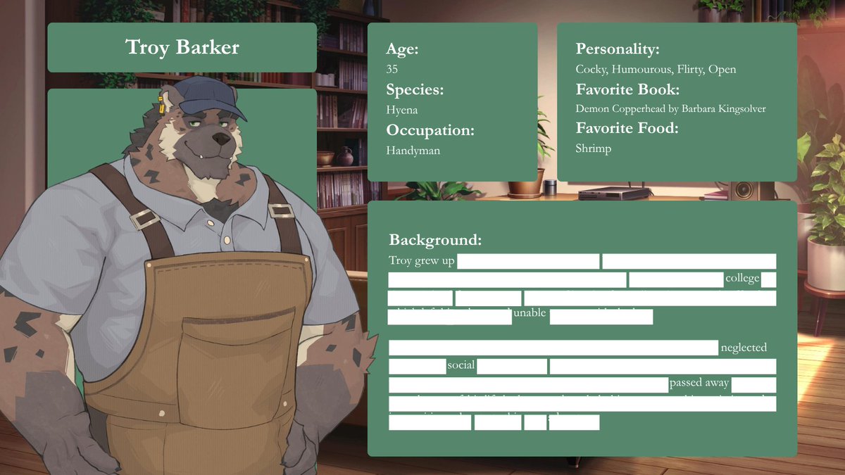 bookstoreboysvn's tweet photo. TROY'S SPRITE IS HERE! He will be integrated in the next release of the demo.
Oh, but BurntWaffles, why is his background info still blacked out?
Well if you wanna to get to know him better you gotta play the game ^_^
🎨: @BrightMhacha
#bara #furry #fvn #gay #visualnovel https://t.co/mQSc871WfS
