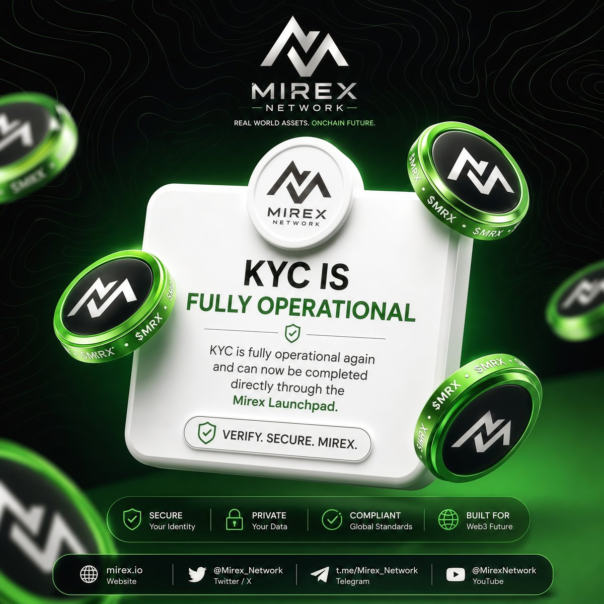 jejemirex03's tweet photo. The pieces are falling into place.

KYC is fully operational again and available via the Mirex Launchpad. 
Meanwhile, development doesn't stop,
CertiK, app updates, and the next roadmap are all in motion.

Your $MRX is waiting. Complete KYC to claimit. 
Sept. 1, 2026. TGE stays on track🔥
Appreciate the support, Mirex Family. More soon🤝

#MRX #MirexNetwork #TGE