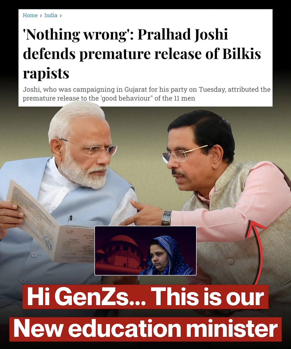 AleemIlahi's tweet photo. A man who justified freeing convicted rapists is now in charge of our children’s education. Is this BJP’s idea of justice? Students fought for accountability in the exam system and got this instead. 

@narendramodi 
#ShameOnBJP #PralhadJoshi #BilkisBano https://t.co/Ce9YhuiD6m