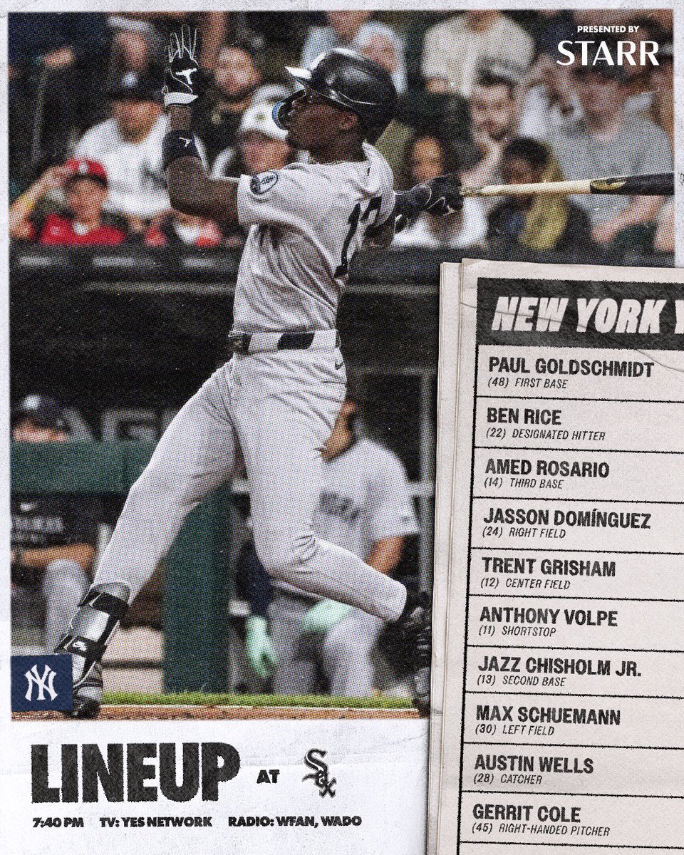 _yankeesource's tweet photo. Here’s how the Yankees lineup will look tonight in game 2/4 in Chicago versus the White Sox at 7:40 PM ET on the YES Network! Gerrit Cole will be making his twelfth start of the season!
📸: @yankees
#YankeeSource #RepBX #yspregame26 https://t.co/IEJ9sxCsqH