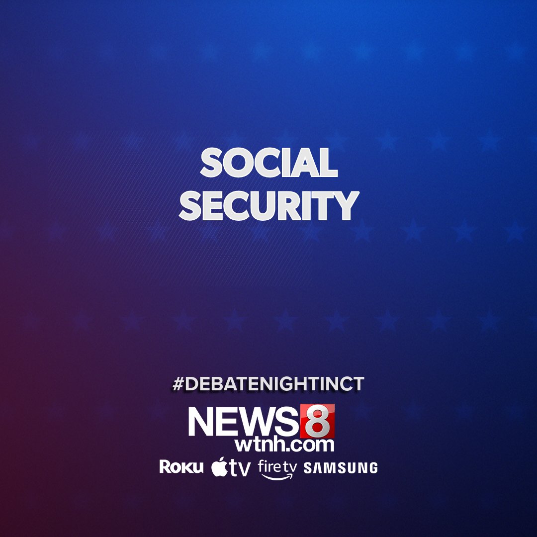 WTNH's tweet photo. #DebateNightinCT | Social Security is set to be depleted in 2032, significantly impacting CT residents. What makes @JohnLarsonCT think he could finally get the Social Security 2100 Act over the finish line amid the current gridlock in DC? What makes @LukeBronin, @JillianG_CT and Fortune think they could get something done on Social Security? https://t.co/CpZJcVH3p8