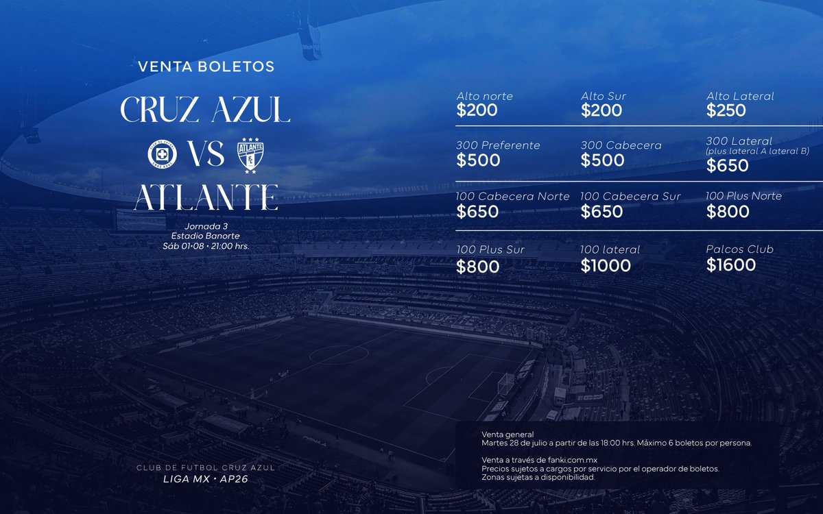 CruzAzul's tweet photo. YA ESTÁN A LA VENTA LOS BOLETOS PARA NUESTRO ENCUENTRO ANTE ATLANTE. 🎟️

➡️ https://t.co/pzFm2hhb6E

*Tendrán información del Pase Azul después de este partido. 😉

NOS VEMOS EN EL ESTADIO. 💙🏟️ https://t.co/MFoStxmzCf