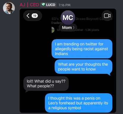 PropFirmLeaks's tweet photo. 🚨 UPDATE: AJ–TILAK INVESTIGATION ESCALATED TO MATERNAL COMPLIANCE

AJ has now submitted the controversy to his mother for independent review.

After receiving the screenshots and supporting evidence, she issued one immediate finding:

“Did u know Leo was Indian”

Lucid’s crisis-response team now appears to consist of:

• One confused mother
• One CEO discovering his own COO is Indian
• Zero communications professionals

This does not clear or convict AJ.

It does confirm the investigation has entered the “Mom, am I racist?” phase.

No conclusion has been reached.

We continue to review all clips, texts and family-group-chat testimony.