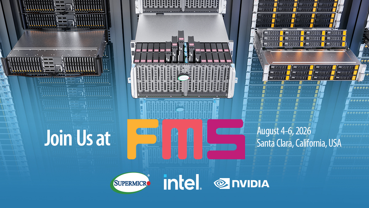 Supermicro's tweet photo. Less than 1 week to go to join Supermicro at FMS: the Future of Memory and Storage 2026!

At the event, Supermicro will be showcasing exciting storage systems including the 2U24 @nvidia BF4 based CMX and @intel X14 4U60 Top Loading.

📅Aug 4 - 6, 2026
📍Santa Clara Convention Center, Santa Clara, CA
🎪Booth #946

Lock in your pass now: https://t.co/QsXAcitw6u

Don't miss out on Supermicro's speaking session, Reinventing Storage for Long-Context LLMs: Tiered KV Cache from HBM to NVMe.
🎤Paul McLeod and Randy Kreiser
📅Monday, August 4
⏰9:05 AM PT

#FMS2026