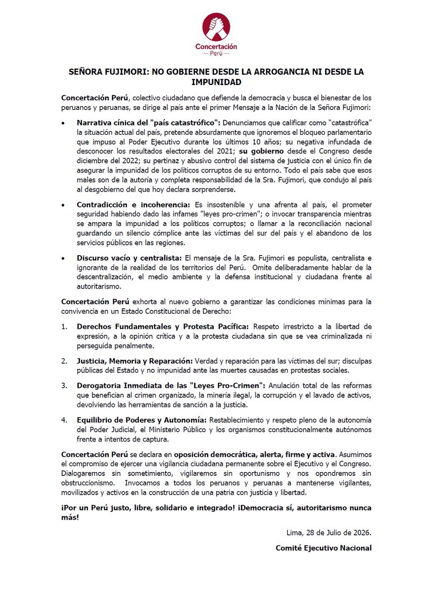 ConcertacionPer's tweet photo. SEÑORA FUJIMORI: NO GOBIERNE DESDE LA ARROGANCIA NI DESDE LA IMPUNIDAD
Concertación Perú, colectivo ciudadano que defiende la democracia y busca el bienestar de los peruanos y peruanas, se dirige al país ante el primer Mensaje a la Nación de la Señora Fujimori: https://t.co/VjIbyJHHh6