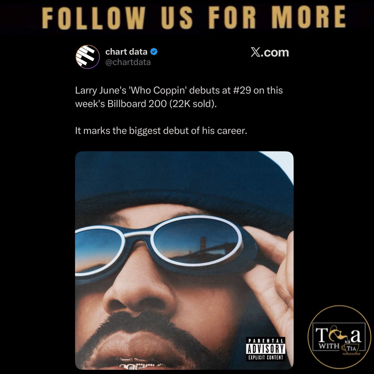 RealTeaWithTia's tweet photo. The #Billboard charts are officially in for the rap albums that dropped on Friday, July 17 👀. Independent artist #ToryLanez debuted at No. 33, #LarryJune landed at No. 29, and #RickRoss debuted at No. 39. https://t.co/5DVAqM4OaU