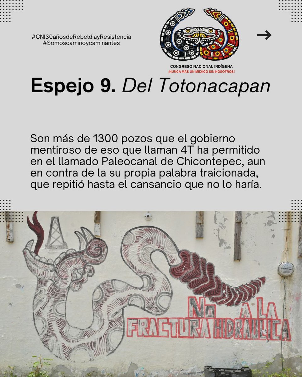 CNI_Mexico's tweet photo. Espejo 9. Del Totonacapan:  En el norte de Veracruz, en la Región del Totonacapan, la extracción de hidrocarburos por el fracking, está invadiendo todo, se están perforando pozos, en los que se envenena el suelo y el agua, la tierra colectiva de ejidos y comunidades. https://t.co/HFnOJMu3sg