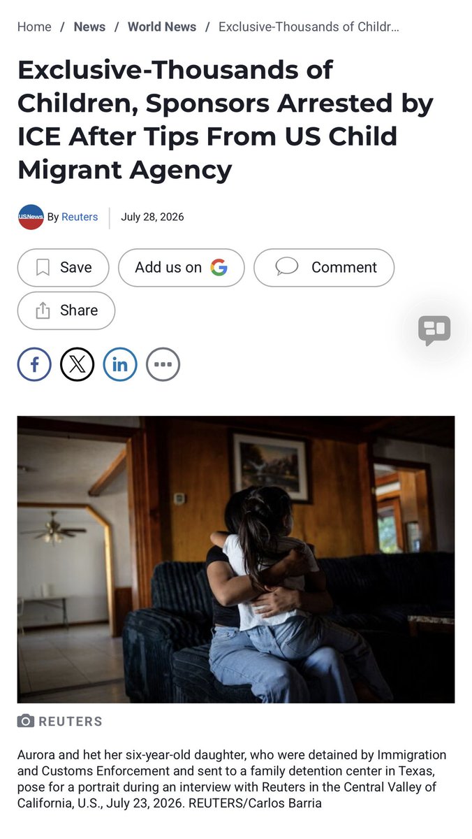 LoriUSA_'s tweet photo. 🚨The U.S. government is now sharing some information collected during the sponsorship process for unaccompanied children with ICE.

According to Reuters, this policy has resulted in thousands of arrests of sponsors or household members.

#policy #immigration #children #family https://t.co/NzjXP1UQW9