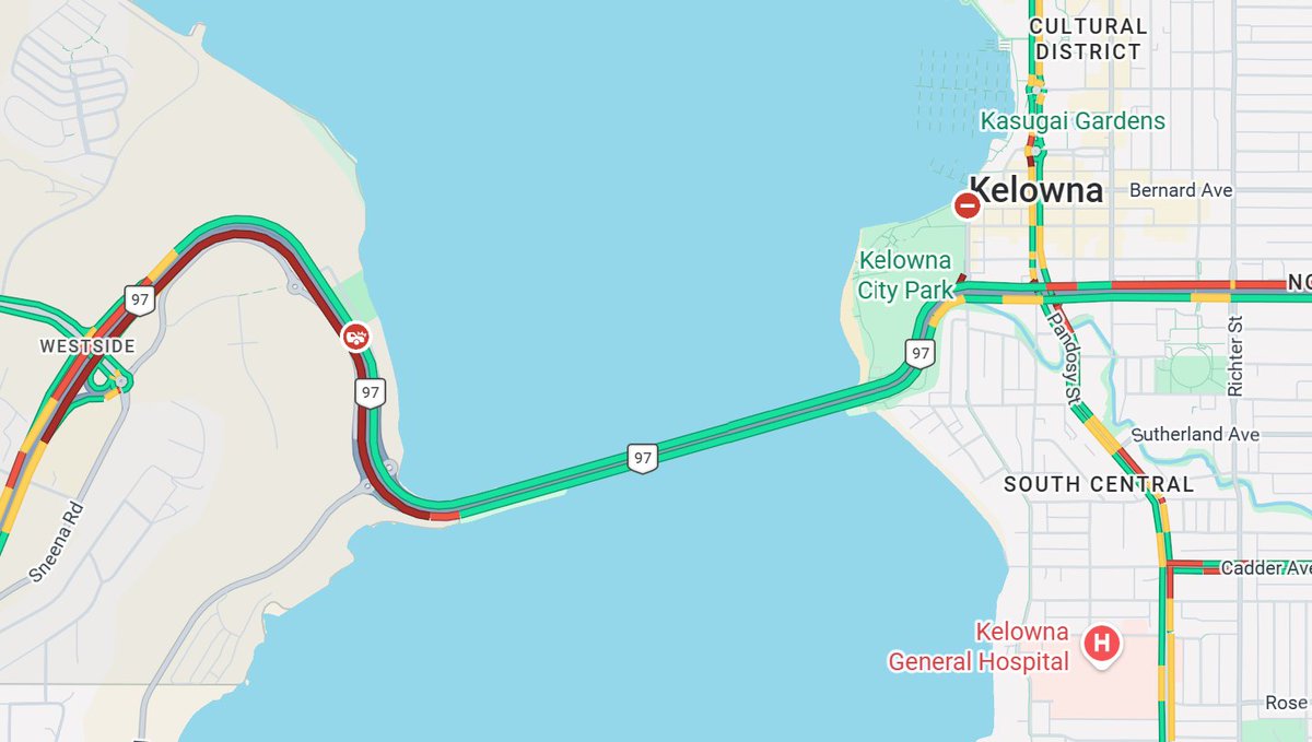 DriveBC's tweet photo. ⚠️#BCHwy97 - Stalled vehicle northbound on the #WilliamRBennettBridge is blocking a lane. Expect delays. #WestKelowna #Kelowna #OkanaganHwy https://t.co/0KkWHO0Ra8