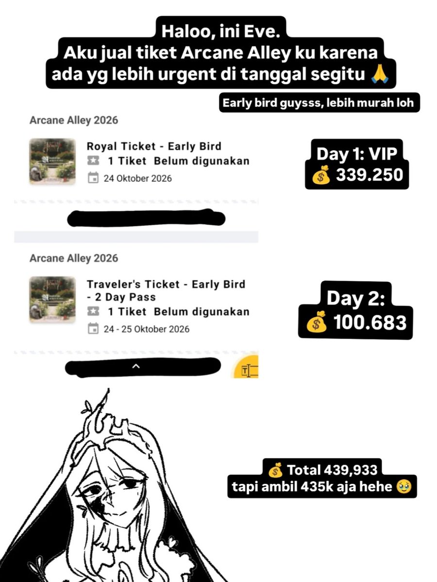 applevaii's tweet photo. #WTS Guyss aku jual tiket Arcane Alley 24-25 Oktober karena aku ternyata gabisa hadir 🎟️🥹

Day 1 VIP 💰 339.250
Day 2 💰 100.683

Total 439.933
Ambil 435k gapapaa

-
#ArcaneAlley #Renfaire https://t.co/7IMqHf5ZeE