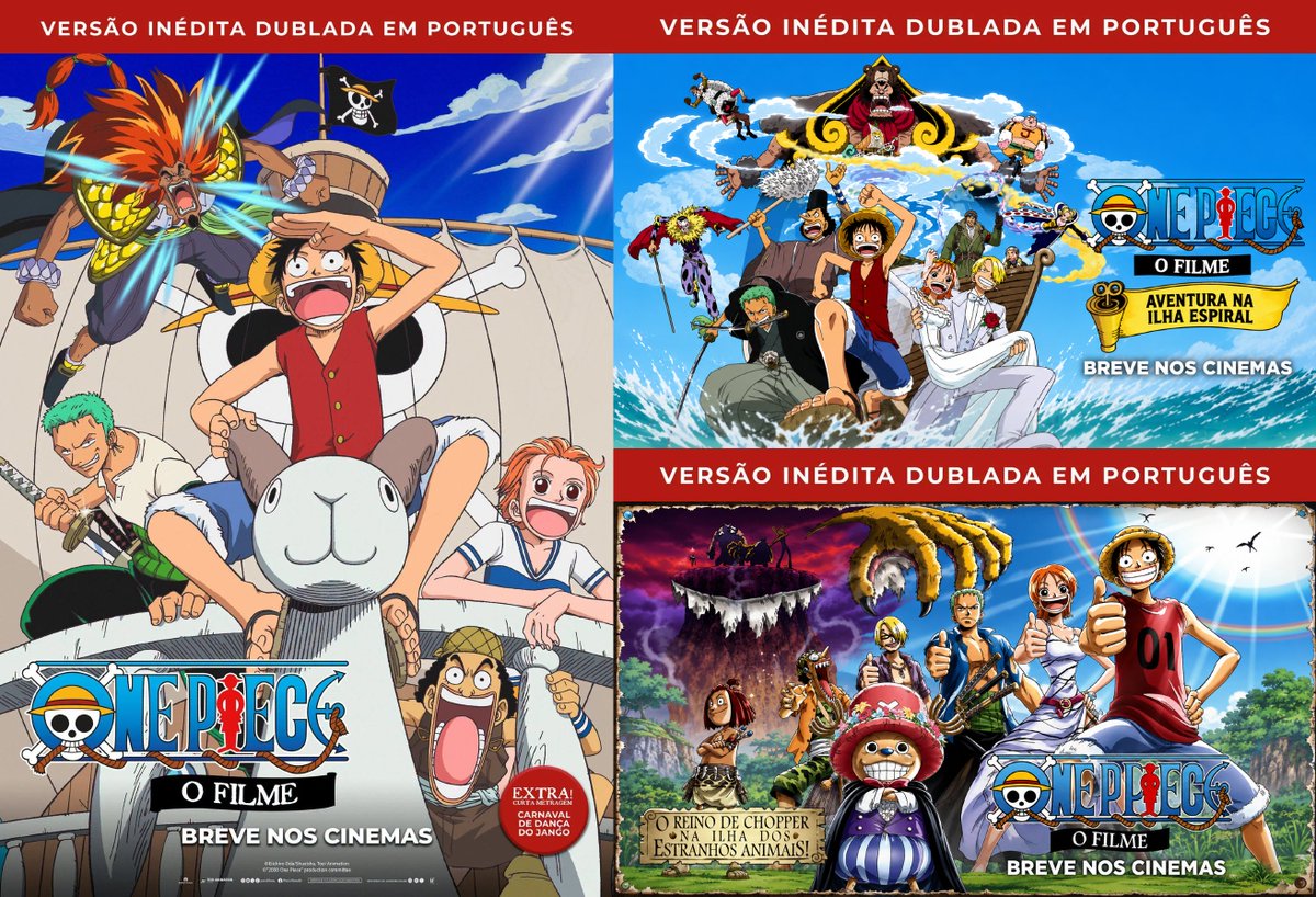 Yatogam1Oficial's tweet photo. 🚨 3 filmes de One Piece chegando com DUBLAGEM nos cinemas do Brasil.

One Piece: O Filme - O Grande Pirata do Ouro!
17 de Setembro

One Piece: Aventura na Ilha Espiral
22 de Outubro

One Piece: O Reino de Chopper na Ilha dos Estranhos Animais!
3 de Dezembro

Os 3 filmes estão cadastrados e também serão lançados futuramente no catálogo da @NetflixBrasil.