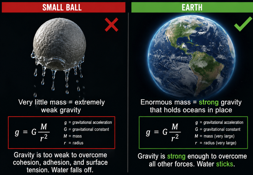 FlerfWatch's tweet photo. Flat Earthers constantly say "make water stick to a ball" like it's the ultimate gotcha since it cannot be replicated on a small scale.

We can however prove it with Math by understanding mass and how gravity works.

A small object has so little mass that its gravitational pull is too weak to hold water against everyday forces. Earth, on the other hand, has enormous mass, and that mass generates enough gravity to keep the oceans firmly in place.

The difference isn’t a failure of the model. It’s simply a matter of scale.