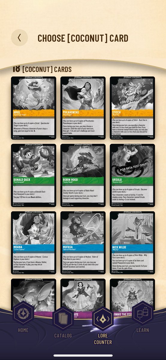samemau_lorcana's tweet photo. ⭐ロルカナ新フォーマット「Format Coconut」 ⭐
ロルカナ初の公式マルチプレイヤー向け新フォーマットです。
一言でいうと「ロルカナ版 Commander（統率者戦）」にかなり近い遊び方です。
ただし、MagicのCommanderをそのまま真似たわけではなく、初心者でも遊びやすいようにかなりシンプルに設計されています

新しいデッキ構築ルール
① Coconutカードを1枚選ぶ
まず専用のCoconutカードを1枚選びます。
このカードがデッキの「主役」になります。
このカード自体はデッキには入らず、ゲーム開始時から場の外で常に有効です。ゲーム中ずっと特殊能力を与え続けます。

② 最大3色デッキが組める
ただしCoconutカードと同じ色を最低1色含める必要があります。

③ シングルトン形式
通常は同名4枚までですが、Coconutでは
ほぼ全部1枚制限になります。唯一例外として
Coconutに指定されたキャラクターだけ最大4枚まで入れられます。

勝利条件　25ロア

① 初心者が入りやすくする
② デッキ構築を簡単にする
③ 毎回違う試合になる