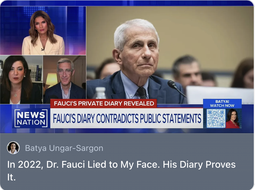 bungarsargon's tweet photo. In 2022, Dr. Fauci Lied to My Face. His Diary Proves It.
https://t.co/Wr54PIKfv9