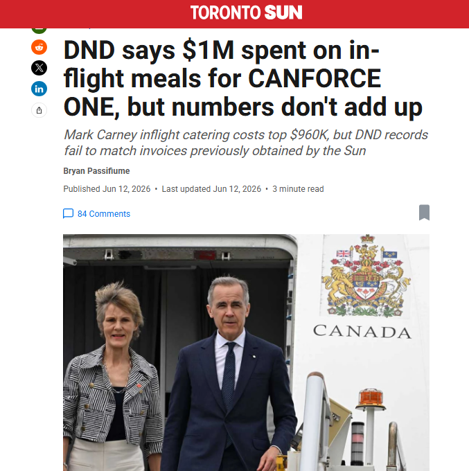 cbcwatcher's tweet photo. Carney spent nearly $1 million just on in-flight catering in his first year as Prime Minister, plus at least one major extra charter cost of over $736,000 to get to the Trump Board of Peace affair that he had to beg to be a part of... but do go on @CitynewsTO @MarkJCarney https://t.co/ErTGbScgyU