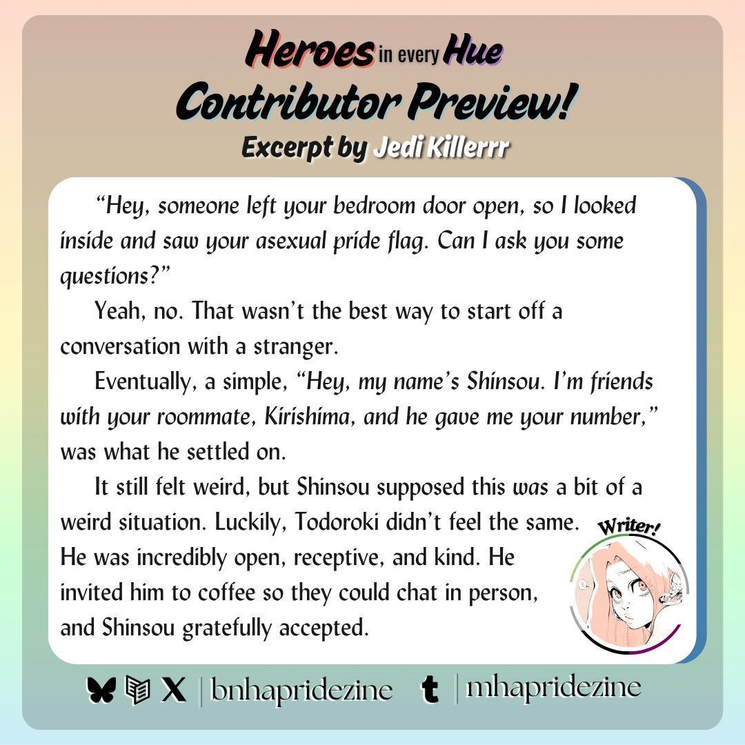 BNHAPrideZine's tweet photo. ๐ณ๏ธโ๐ Contributor Preview! โผ๏ธ
@jediikiillerr shows us that we can learn from our curiosity!
Shop! https://t.co/jmQPljfAvm
#contributorspotlight #spotlight #zinepromo #lgbtq #pride #trans #lgbtqpride #bnha #mha #shinsou #ace #asexuality https://t.co/EVfoom0mXt