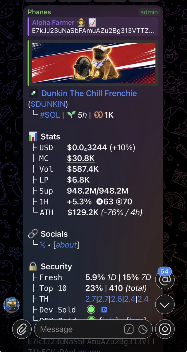 Alpha_farmer1's tweet photo. 5.8x on $DUNKIN
LFG🚀🚀🚀

E7kJJ23uNaSbFAmuAZu2Bg313VTTZ1bECVaPApLqpump https://t.co/Gn9b6cjVPL
