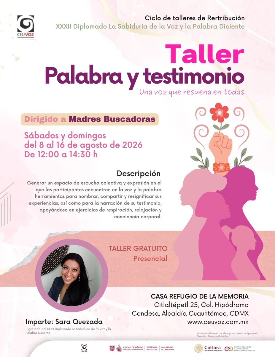 foxfox66's tweet photo. "TALLER PALABRA Y  TESTIMONIO"
Una voz que resuena en todas.
Dirijido por Sara Quezada 
Taller gratuito. https://t.co/RMOIKk5EHx