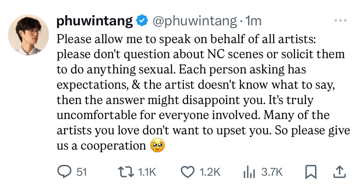 blackeyes5555's tweet photo. He's always been stiff at doing love scene since nlmg, that's just a normal question,you could just say no instead of creating drama to reach sympathy so it's not fans fault it's your fault who's overthinking something you don't like @phuwintang https://t.co/nWtofrmdW5