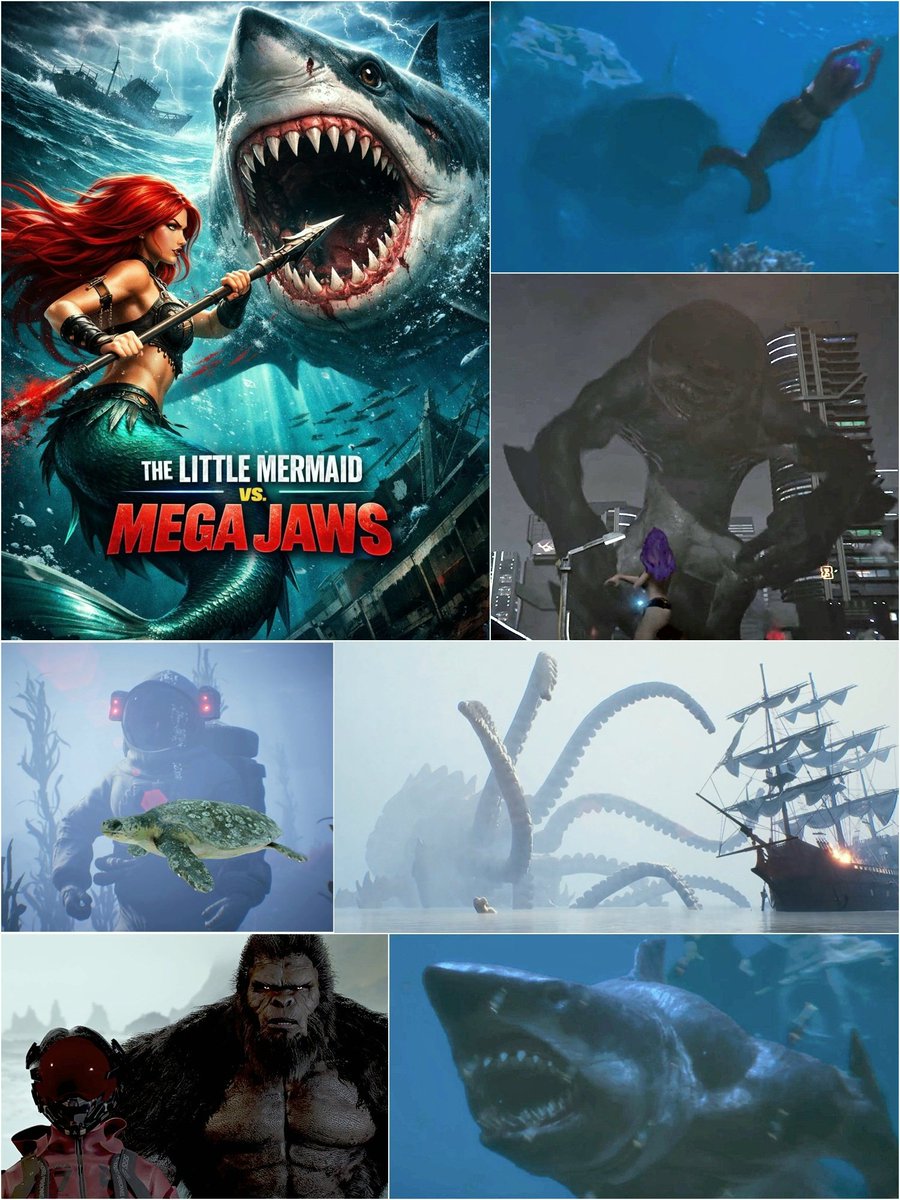 take_shit_death's tweet photo. THE MERMAID VS MEGA JAWS
(2026)

今年2本目の
人魚 VS サメ映画 ！😂え?🧜‍♀️🦈

｢ビッグフットVSメガロドン｣の監督が、実写&amp;CG&amp;AIを駆使して
深海から宇宙までを舞台に
サメVS人魚どころか
猿人/ロボット/魔法使い/海賊/ゾンビ/クラーケン等々...を小暴れさせた
おばかでカオスで虚無な怪作！
好き♡ https://t.co/t0yNqf8rWH