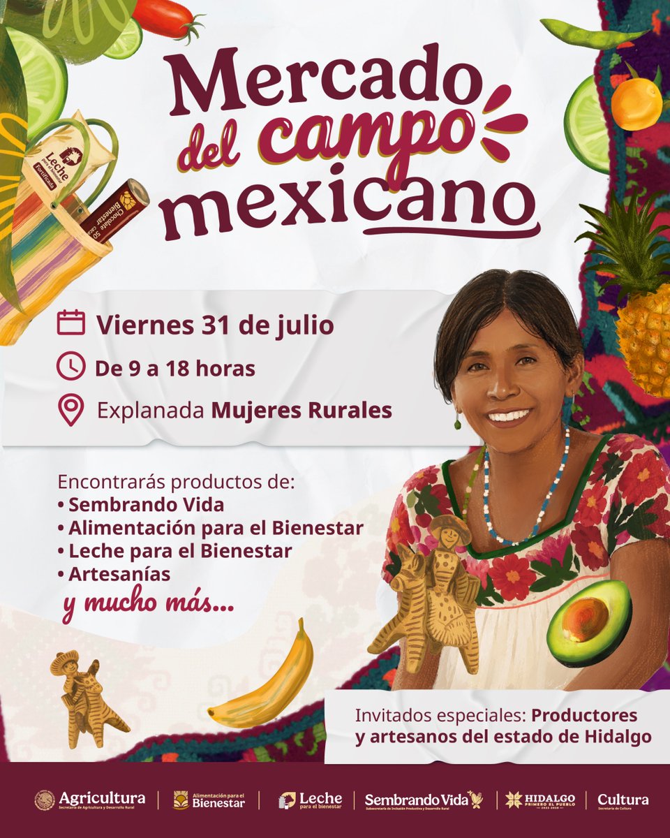 columbalopezg's tweet photo. ¡Todas y todos invitados al Mercado del Campo Mexicano!

Este viernes 31 de julio, de 9:00 a 18:00 horas, la Explanada Mujeres Rurales de @agricultura_mex reunirá productos de @semvidamx, @alimenbienestar y @LecheBienestar, así como la participación especial de productoras, productores, artesanas y artesanos del estado de Hidalgo.

Llenemos juntos este espacio para fortalecer el consumo de productos locales y reconocer el trabajo de quienes están #TransformandoElCampoMexicano.

#OrgulloDelCampo