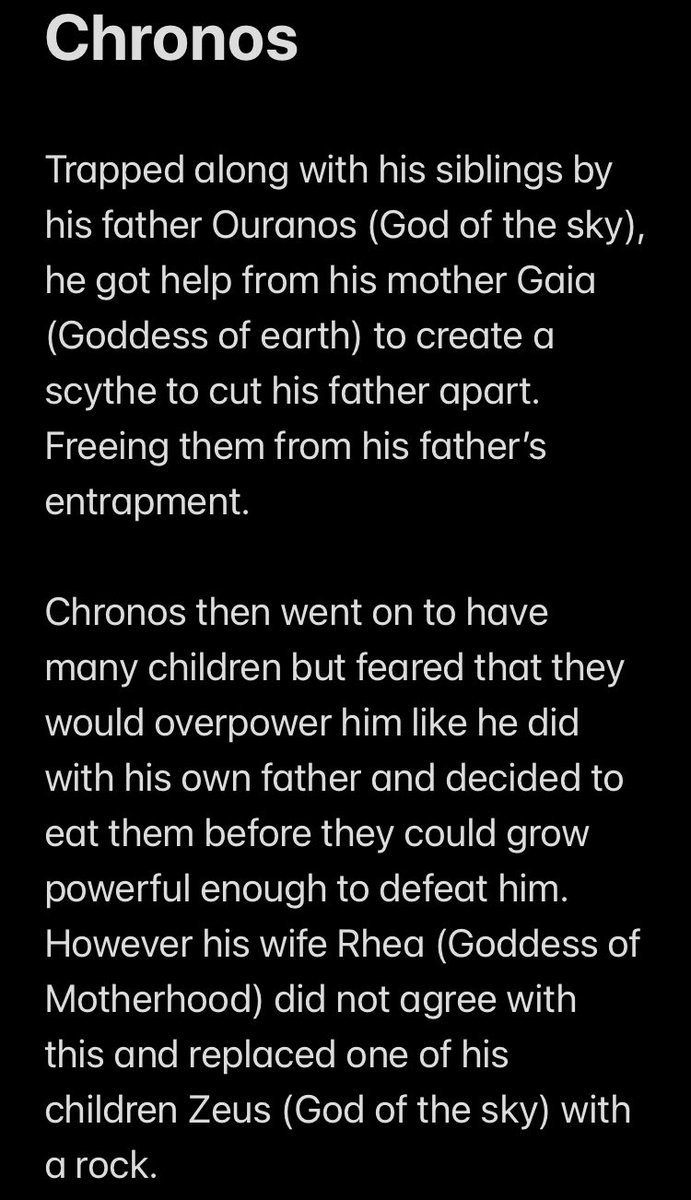 Ssenism's tweet photo. Day 1 of explaining the most important lore for each God in the #PantheonSMP: Chronos

Chronos is the Titan God of time, Agriculture and Harvest. He is often depicted with a scythe or as he consumes a baby. https://t.co/DxFLz3szt9