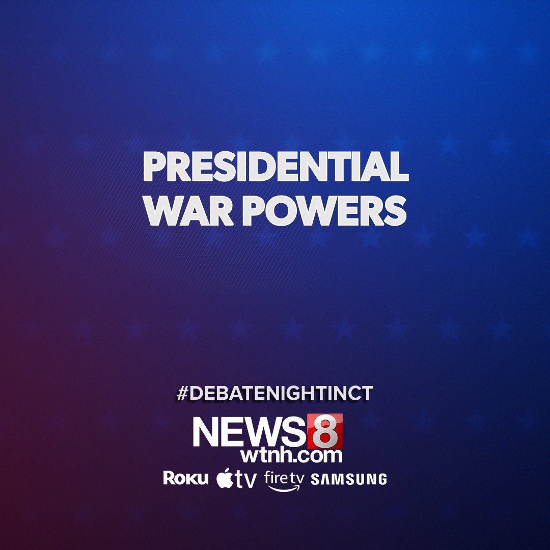 WTNH's tweet photo. #DebateNightinCT | The war with Iran has sparked a heated debate over the power to send American troops into combat. Despite a law intended to give Congress a check on the president, presidents of both parties have been able to unilaterally order military operations. What, if anything, would the candidates do to restrain presidential war powers? https://t.co/CpZJcVH3p8
