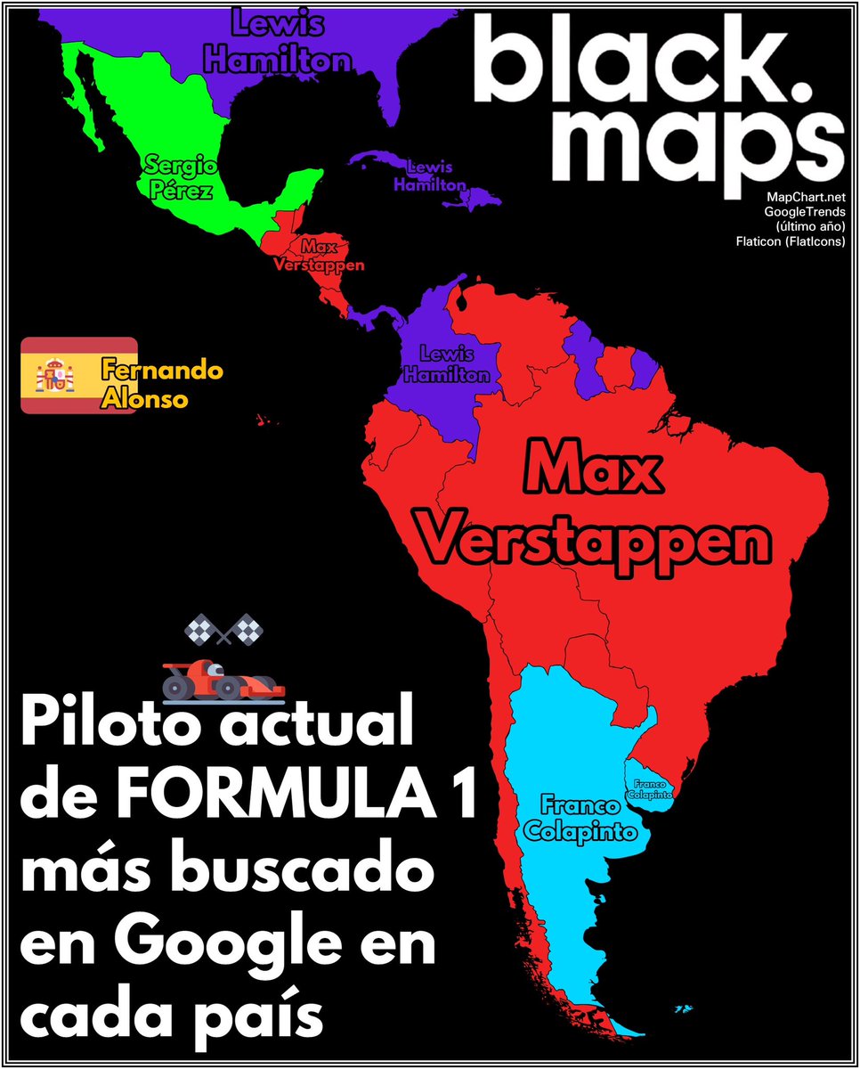maps_black's tweet photo. Piloto actual de FORMULA 1 🏎️ más buscado en Google en cada país https://t.co/LNdFIcYmAF